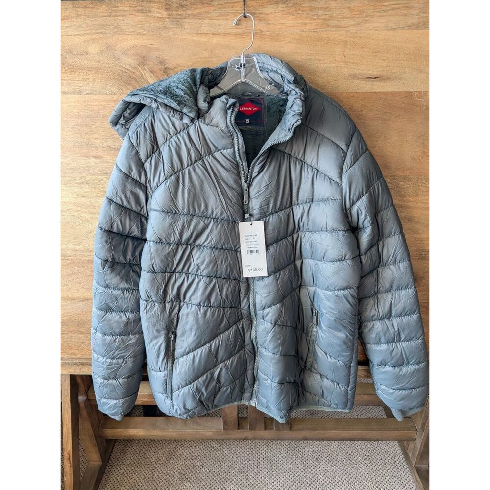 Leehanton Puffer Jacket Men XL Dark Gray Fleece Lined Detachable Hooded Full Zip